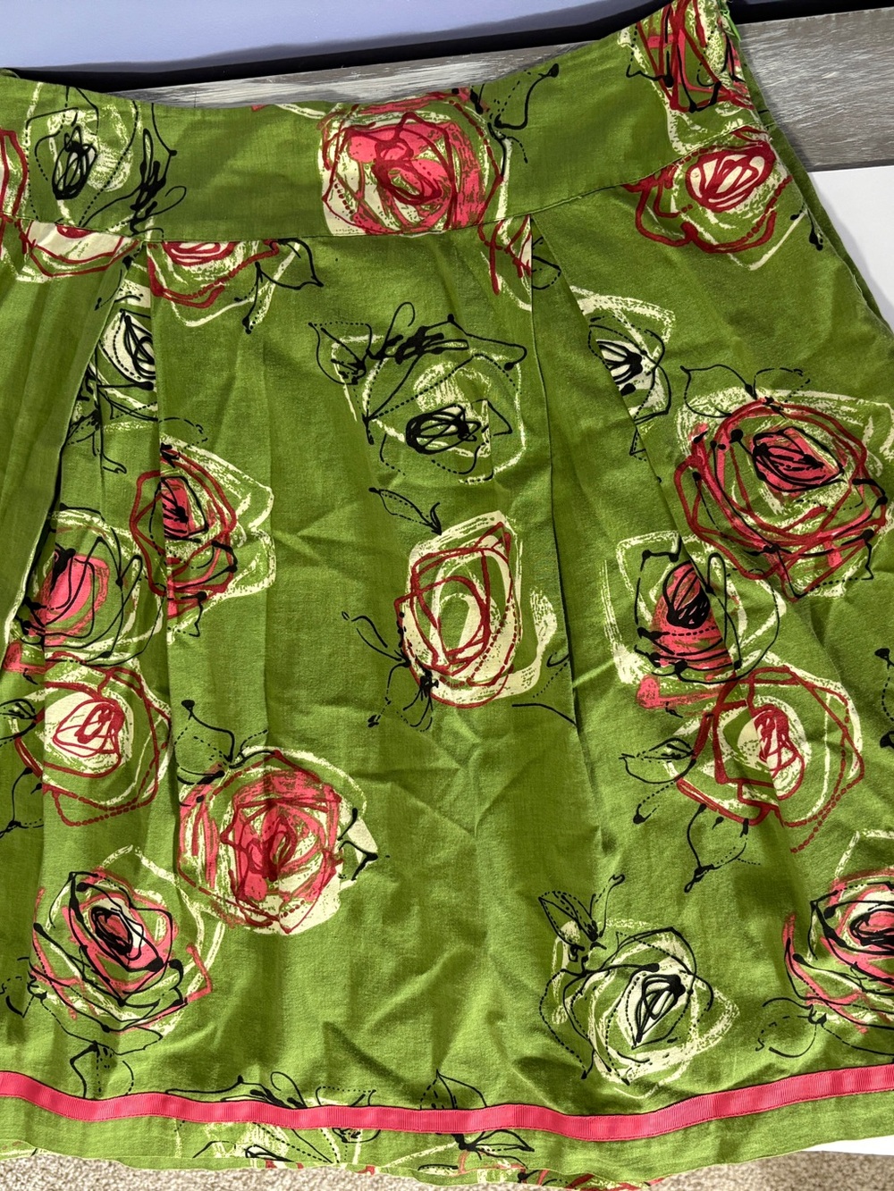 Jonathan Martin Green Floral Rose Print Pleated Cotton Skirt Size L